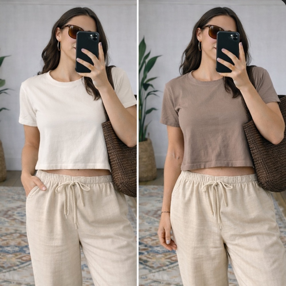 H&M Cream & Brown /Taupe Crop Top Tees